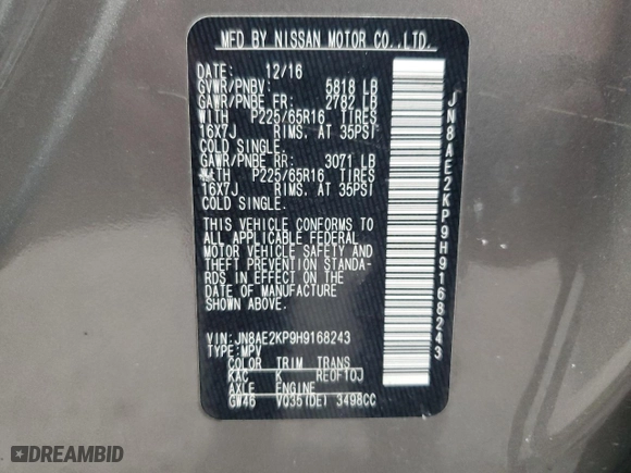 2017 Nissan Quest SV with VIN JN8AE2KP9H9168243, listed as a Copart auction lot 49855554 with 188,742 mi miles and Salvage Title. Bid and sale history available at carsss.com. Image 13.