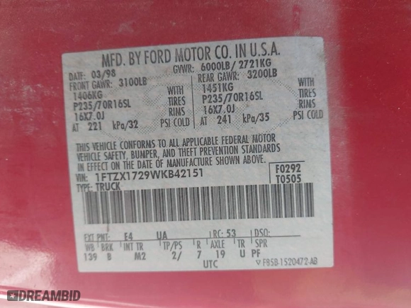 1998 Ford F-150 Standard with VIN 1FTZX1729WKB42151, listed as a IAAI auction lot 42074530 with 174,690 mi miles. Bid and sale history available at carsss.com. Image 9.