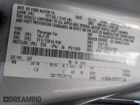 2017 Ford Focus SE with VIN 1FADP3F2XHL256136, listed as a IAAI auction lot 42215479 with 89,945 mi miles and . Bid and sale history available at DreamBid. Image 9.