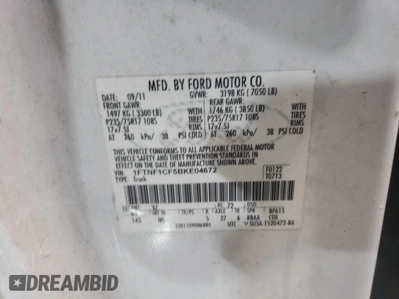 2011 Ford F-150 XL with VIN 1FTNF1CF5BKE04672, listed as a Copart auction lot 45192815 with 260,139 mi miles and Salvage Title. Bid and sale history available at DreamBid. Image 14.