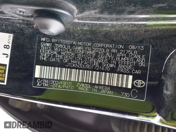 2013 Toyota Prius One with VIN JTDKN3DU9D1721670, listed as a IAAI auction lot 41945657 with 188,450 mi miles. Bid and sale history available at carsss.com. Image 9.