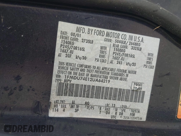 2002 Ford Explorer Eddie Bauer с VIN 1FMDU74E12UA64219, выставлен на аукционе IAAI как лот 41939683 с пробегом Не указан миль и . История ставок и продаж доступна на DreamBid. Изображение 9.