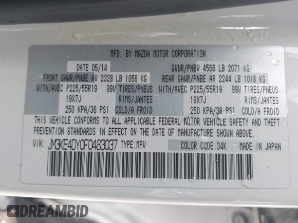 2015 Mazda CX-5 Grand Touring with VIN JM3KE4DY0F0483037, listed as a IAAI auction lot 41578222 with 102,988 mi miles. Bid and sale history available at carsss.com. Image 9.