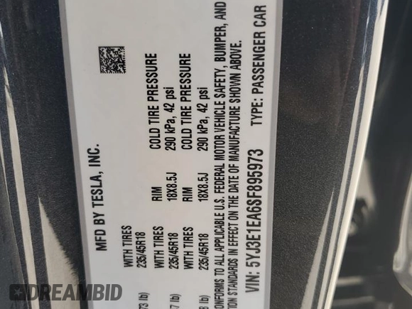 2025 Tesla Model 3 Long Range with VIN 5YJ3E1EA6SF895973, listed as a Copart auction lot 50271855 with Not Provided miles and Salvage Title. Bid and sale history available at DreamBid. Image 12.