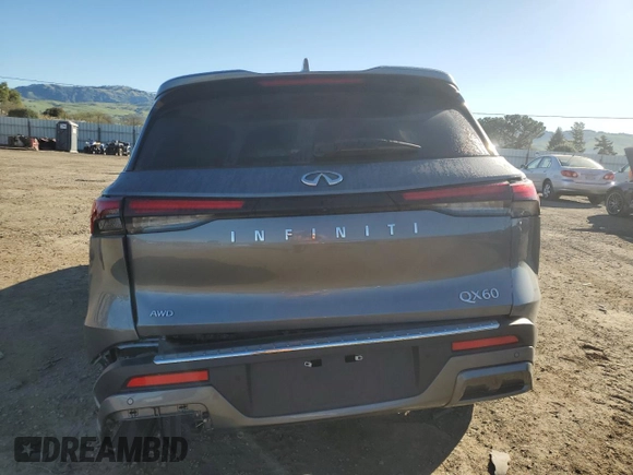 2023 Infiniti QX60 Sensory with VIN 5N1DL1GS5PC353778, listed as a Copart auction lot 50277475 with 20,386 mi miles and Salvage title. Bid and sale history available at DreamBid. Image 6.