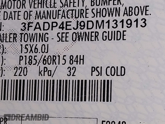 2013 Ford Fiesta SE with VIN 3FADP4EJ9DM131913, listed as a IAAI auction lot 41677333 with 54,673 mi miles. Bid and sale history available at carsss.com. Image 9.