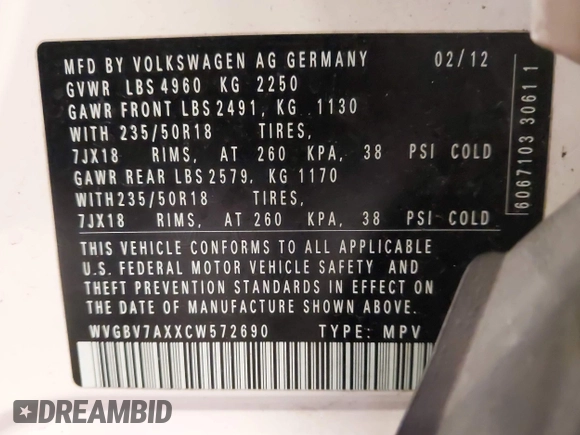 2012 Volkswagen Tiguan S z VIN WVGBV7AXXCW572690, wystawiony jako IAAI lot #42074464 z przebiegiem 133 049 mil mil oraz . Historia ofert i sprzedaży dostępna na DreamBid. Obrazek 9.
