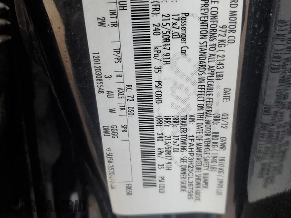 2012 Ford Focus SEL with VIN 1FAHP3H23CL367585, listed as a Copart auction lot 55979865 with 203,087 mi miles and Clean Title. Bid and sale history available at carsss.com. Image 12.