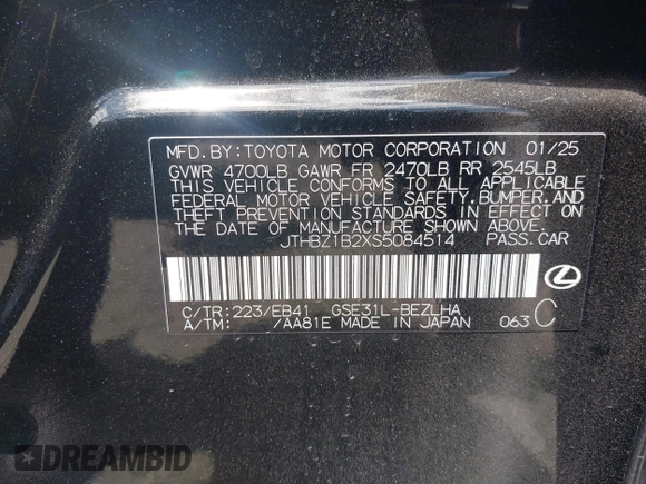 2025 Lexus IS 350 F Sport with VIN JTHBZ1B2XS5084514, listed as a IAAI auction lot 42125934 with 2,200 mi miles and . Bid and sale history available at DreamBid. Image 9.