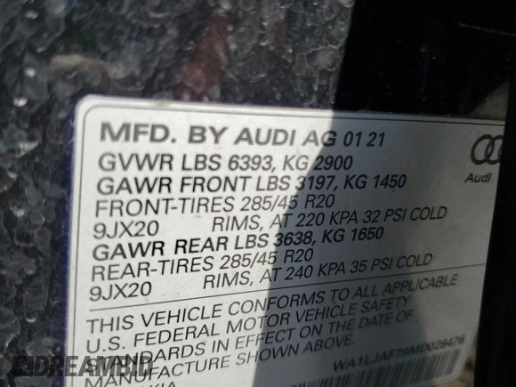 2021 Audi Q7 Premium Plus with VIN WA1LJAF79MD029476, listed as a Copart auction lot 54449405 with 57,876 mi miles and Salvage title. Bid and sale history available at DreamBid. Image 13.