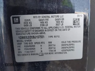 2011 Chevrolet Traverse LTZ with VIN 1GNKVLED5BJ197551, listed as a IAAI auction lot 41800519 with 205,771 mi miles and . Bid and sale history available at DreamBid. Image 9.