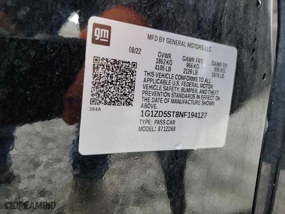 2022 Chevrolet Malibu LT with VIN 1G1ZD5ST8NF194127, listed as a Copart auction lot 44218745 with 61,365 mi miles and Non Repairable. Bid and sale history available at carsss.com. Image 12.