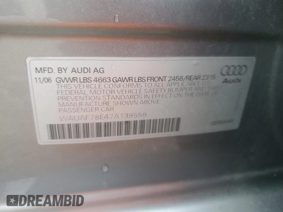 2007 Audi A4 2.0T with VIN WAUAF78E47A139559, listed as a Copart auction lot 48927115 with 157,320 mi miles and Salvage Title. Bid and sale history available at carsss.com. Image 14.