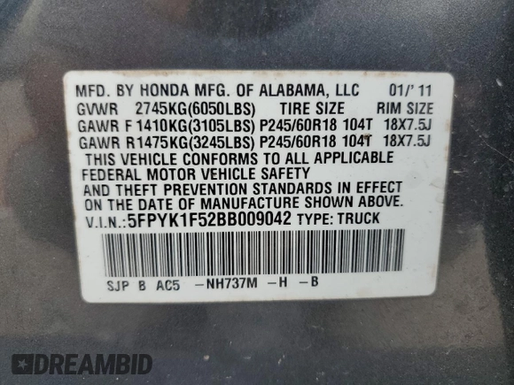 2011 Honda Ridgeline RTL with VIN 5FPYK1F52BB009042, listed as a Copart auction lot 69439004 with 119,889 mi miles and Salvage Title. Bid and sale history available at carsss.com. Image 12.