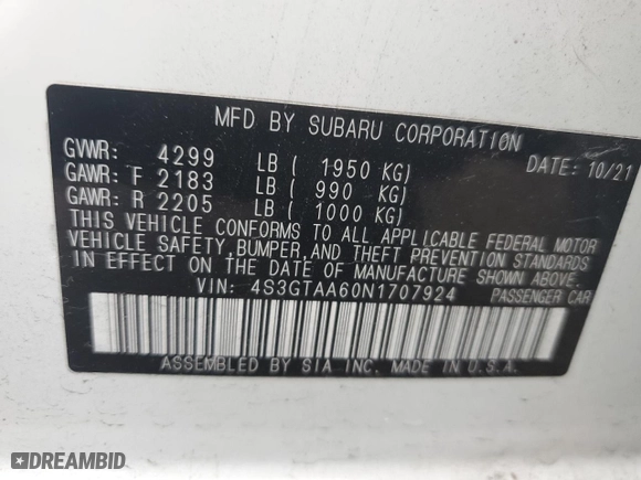 2022 Subaru Impreza with VIN 4S3GTAA60N1707924, listed as a Copart auction lot 76327214 with 54,009 mi miles and Clean Title. Bid and sale history available at carsss.com. Image 13.