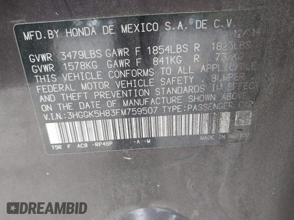 2015 Honda Fit EX-L с VIN 3HGGK5H83FM759507, выставлен на аукционе IAAI как лот 42715237 с пробегом 203 660 миль миль и . История ставок и продаж доступна на DreamBid. Изображение 9.