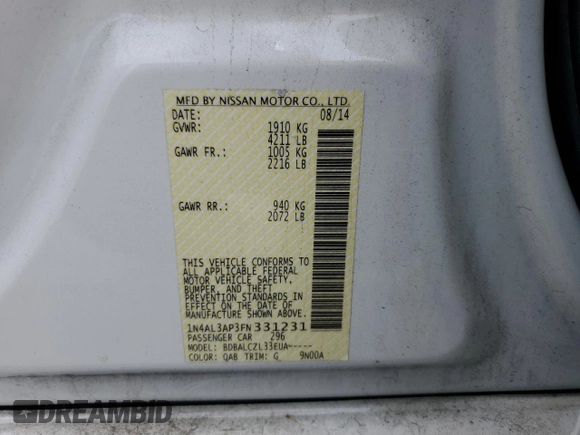 2015 Nissan Altima 2.5 with VIN 1N4AL3AP3FN331231, listed as a Copart auction lot 62698265 with 191,260 mi miles and Clean title. Bid and sale history available at DreamBid. Image 12.