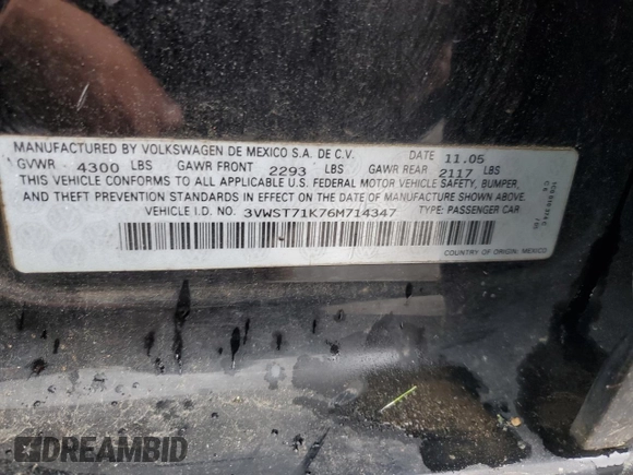 2006 Volkswagen Jetta 1.9L TDI z VIN 3VWST71K76M714347, wystawiony jako Copart lot #57715295 z przebiegiem 258 561 mil mil oraz Czysty tytuł • Clean title. Historia ofert i sprzedaży dostępna na DreamBid. Obrazek 12.