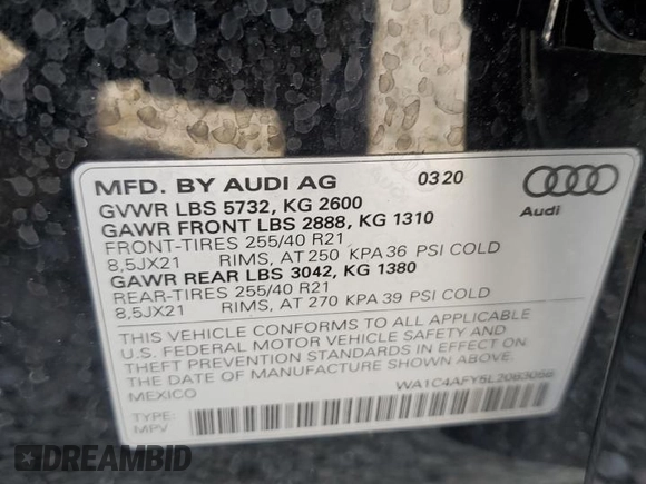 2020 Audi SQ5 Prestige with VIN WA1C4AFY5L2083058, listed as a Copart auction lot 46808964 with 40,100 mi miles and . Bid and sale history available at DreamBid. Image 14.