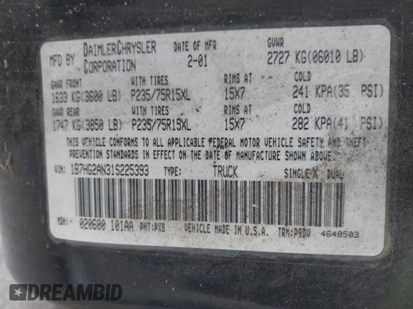 2001 Dodge Dakota Sport with VIN 1B7HG2AN31S225393, listed as a IAAI auction lot 42183298 with 244,961 mi miles and . Bid and sale history available at carsss.com. Image 9.