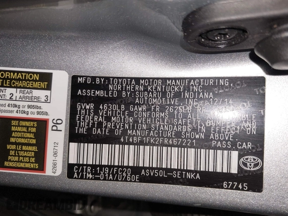 2015 Toyota Camry XLE with VIN 4T4BF1FK2FR467221, listed as a IAAI auction lot 42080889 with 134,822 mi miles and . Bid and sale history available at DreamBid. Image 9.