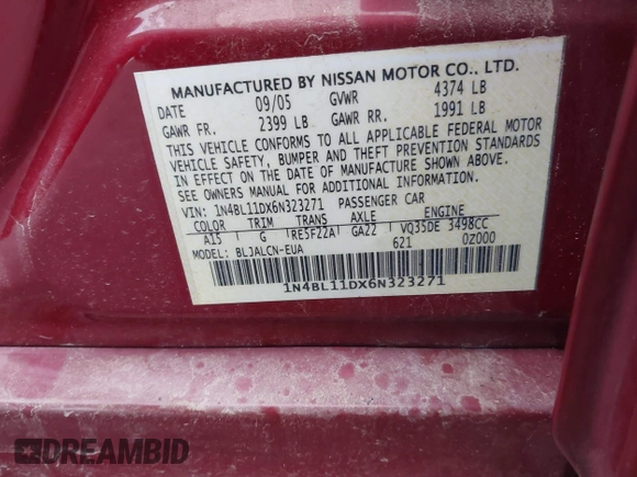 2006 Nissan Altima SL with VIN 1N4BL11DX6N323271, listed as a IAAI auction lot 41809610 with Not provided miles and . Bid and sale history available at DreamBid. Image 9.