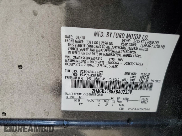 2019 Ford Flex SEL with VIN 2FMGK5C88KBA02339, listed as a Copart auction lot 46544185 with 76,298 mi miles and Non Repairable. Bid and sale history available at carsss.com. Image 13.