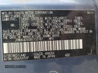 2011 Toyota RAV4 Limited z VIN JTMDK4DV0B5103787, wystawiony jako Copart lot #60500735 z przebiegiem 176 377 mil mil oraz Czysty tytuł • Clean title. Historia ofert i sprzedaży dostępna na DreamBid. Obrazek 13.