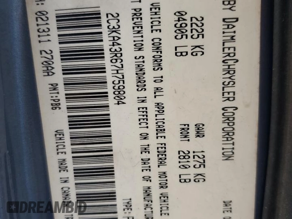 2007 Chrysler 300 with VIN 2C3KA43R67H759804, listed as a Copart auction lot 49833115 with 157,504 mi miles and Salvage Title. Bid and sale history available at carsss.com. Image 13.