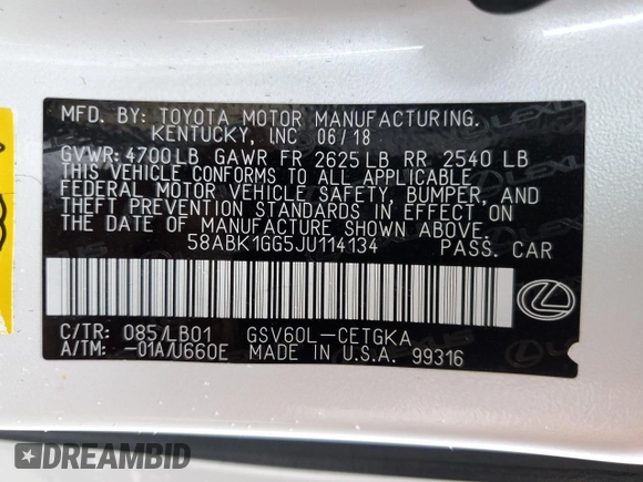 2018 Lexus ES with VIN 58ABK1GG5JU114134, listed as a Copart auction lot 42327185 with 95,299 mi miles and Salvage Title. Bid and sale history available at carsss.com. Image 12.