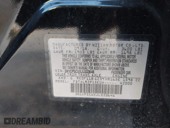 2018 Nissan Kicks SV с VIN 3N1CP5CUXJL533646, выставлен на аукционе IAAI как лот 41691353 с пробегом 81 321 миль миль и . История ставок и продаж доступна на DreamBid. Изображение 9.