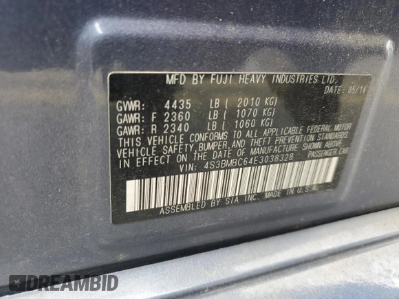 2014 Subaru Legacy Premium with VIN 4S3BMBC64E3038328, listed as a Copart auction lot 64274275 with 91,790 mi miles and Salvage title. Bid and sale history available at DreamBid. Image 12.