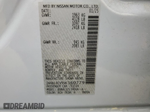 2025 Nissan Altima SR with VIN 1N4BL4CV9SN360779, listed as a Copart auction lot 54841765 with 9,103 mi miles and Non Repairable. Bid and sale history available at DreamBid. Image 13.