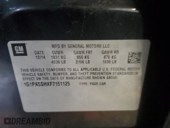 2015 Chevrolet Cruze LS z VIN 1G1PA5SHXF7151125, wystawiony jako Copart lot #41705355 z przebiegiem Nie podano mil oraz Nie do naprawy • Non repairable. Historia ofert i sprzedaży dostępna na DreamBid. Obrazek 12.
