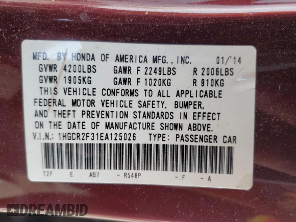 2014 Honda Accord LX with VIN 1HGCR2F31EA125026, listed as a Copart auction lot 52490515 with Not Provided miles and Salvage Title. Bid and sale history available at DreamBid. Image 15.
