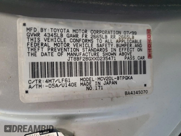 1999 Lexus ES 300 с VIN JT8BF28GXX0235471, выставлен на аукционе Copart как лот 57982605 с пробегом 187 958 миль миль и Списание • Salvage title. История ставок и продаж доступна на DreamBid. Изображение 12.