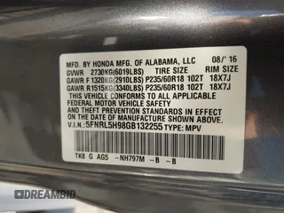 2016 Honda Odyssey Touring Elite with VIN 5FNRL5H98GB132255, listed as a IAAI auction lot 41839600 with 131,064 mi miles and . Bid and sale history available at DreamBid. Image 9.