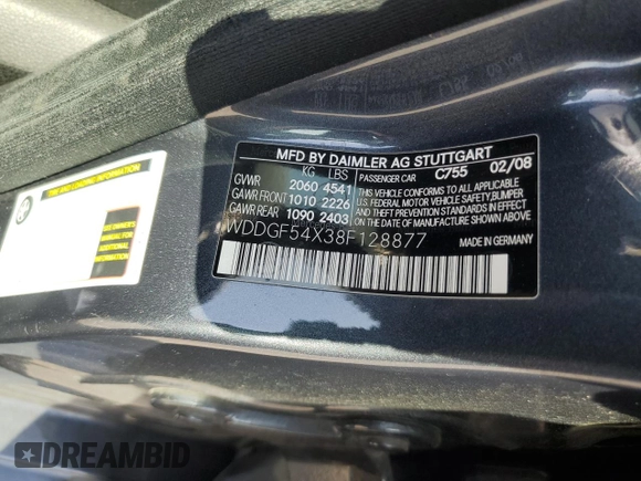 2008 Mercedes-Benz C 300 Sport with VIN WDDGF54X38F128877, listed as a Copart auction lot 59931295 with 190,383 mi miles and Salvage title. Bid and sale history available at DreamBid. Image 13.