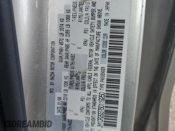 2006 Mazda 5 Touring with VIN JM1CR293760119250, listed as a Copart auction lot 57667325 with 121,226 mi miles and Salvage title. Bid and sale history available at DreamBid. Image 13.