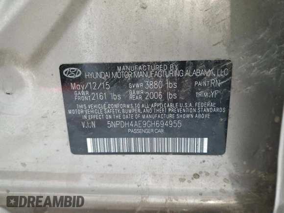 2016 Hyundai Elantra SE with VIN 5NPDH4AE9GH694955, listed as a Copart auction lot 60156945 with 80,503 mi miles and Salvage title. Bid and sale history available at DreamBid. Image 13.