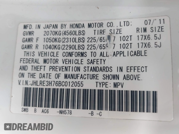 2011 Honda CR-V EX-L with VIN JHLRE3H76BC012055, listed as a IAAI auction lot 41908536 with 172,878 mi miles. Bid and sale history available at carsss.com. Image 9.