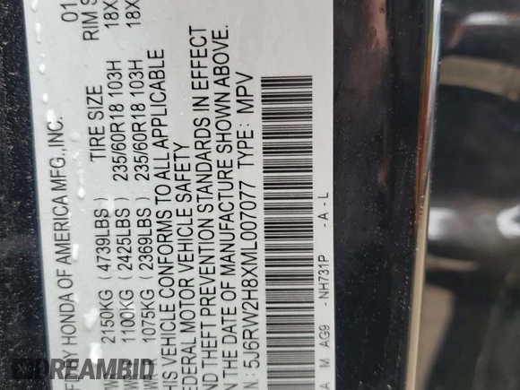 2021 Honda CR-V EX-L с VIN 5J6RW2H8XML007077, выставлен на аукционе Copart как лот 54188545 с пробегом 57 255 миль миль и Списание • Salvage title. История ставок и продаж доступна на DreamBid. Изображение 12.