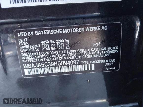 2017 BMW 5 Series 530i with VIN WBAJA5C39HG894097, listed as a IAAI auction lot 41856998 with 89,329 mi miles and . Bid and sale history available at carsss.com. Image 9.