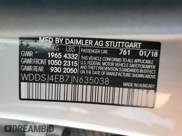 2018 Mercedes-Benz CLA 250 with VIN WDDSJ4EB7JN635038, listed as a Copart auction lot 61143393 with 59,872 mi miles and . Bid and sale history available at DreamBid. Image 12.