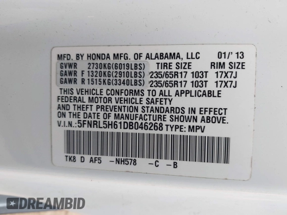 2013 Honda Odyssey EX-L с VIN 5FNRL5H61DB046268, выставлен на аукционе IAAI как лот 41661685 с пробегом 225 762 миль миль и . История ставок и продаж доступна на DreamBid. Изображение 9.