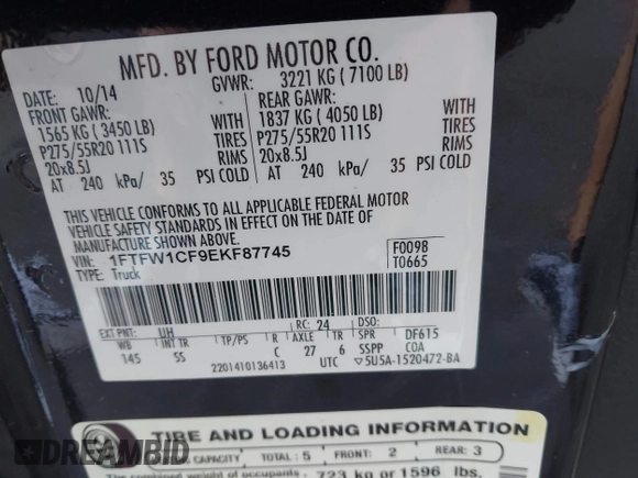 2014 Ford F-150 XL with VIN 1FTFW1CF9EKF87745, listed as a IAAI auction lot 42026883 with 221,307 mi miles. Bid and sale history available at carsss.com. Image 9.
