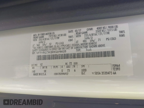 2017 Ford Transit Cargo with VIN 1FTYR2ZM2HKA66625, listed as a IAAI auction lot 39471466 with 125,200 mi miles. Bid and sale history available at carsss.com. Image 9.