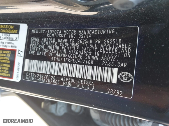 2014 Toyota Camry L with VIN 4T1BF1FK6EU467408, listed as a IAAI auction lot 41835997 with 192,335 mi miles. Bid and sale history available at carsss.com. Image 9.