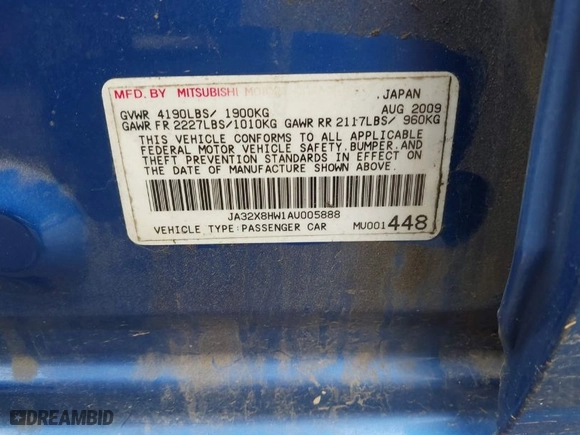 2010 Mitsubishi Lancer GTS with VIN JA32X8HW1AU005888, listed as a IAAI auction lot 41497454 with 217,023 mi miles. Bid and sale history available at carsss.com. Image 9.