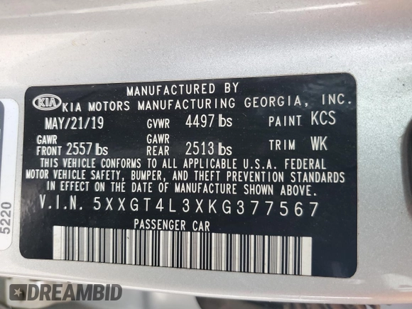 2019 Kia Optima LX with VIN 5XXGT4L3XKG377567, listed as a Copart auction lot 57520175 with 159,307 mi miles and Salvage title. Bid and sale history available at DreamBid. Image 13.